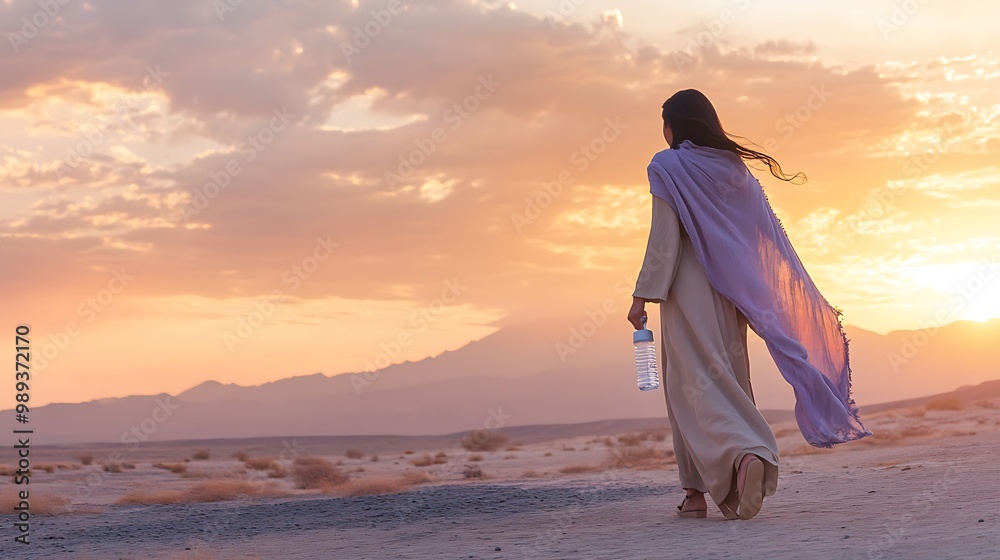 Wall mural tranquil desert stroll: woman in lavender shawl walking alone with beautiful sunset sky, copy space