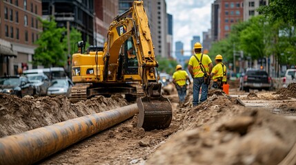 Excavator laying pipe during street construction.