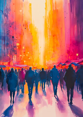 People walk down a bustling city street, bathed in the warm glow of the setting sun. Generative AI