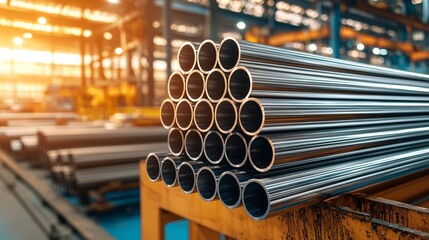 Steel Pipes In Factory Warehouse.