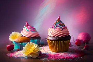 beautifully decorated cupcakes on a pastel-colored plate. The cupcake has a moist chocolate base topped with rich, swirled vanilla frosting, adorned with colorful sprinkles and a cherry on top