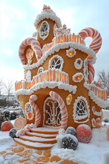 A stunning gravity-defying gingerbread house adorned with colorful sweets and festive decorations during the winter holiday season. Generative AI