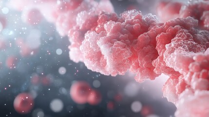 Abstract visualization of biological cells in a vibrant pink hue, showcasing depth and intricate details in a scientific setting.