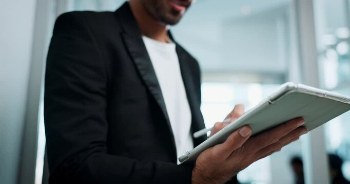 Business, man and hands typing on tablet for funding request application, proposal feedback and investment deal. Budget analyst, professional and employee with stylus for contract agreement in office