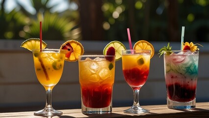 A row of summer tropical holiday cocktails on a bright background