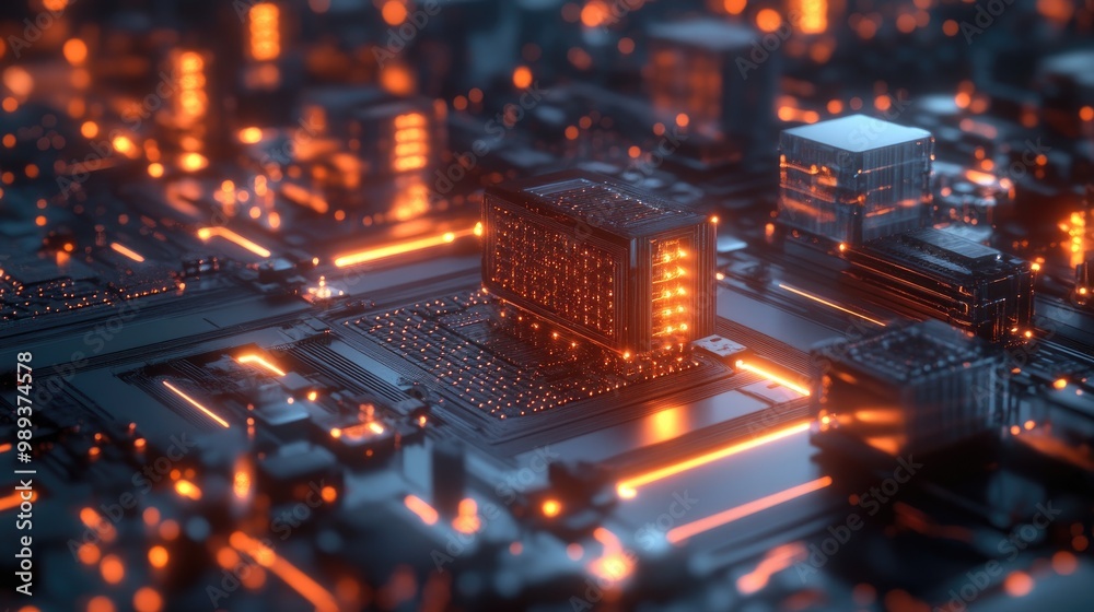Fototapete a 3d rendering of a quantum computer with glowing quantum bits, representing cutting-edge computing 