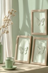 Elegant 3D clay frames with butterfly decorations on a wooden table in a serene green room