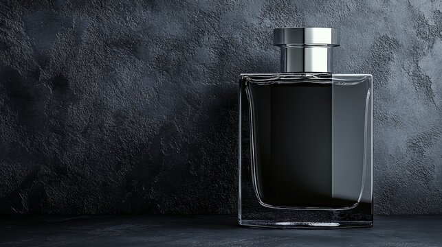 Elegant black perfume bottle on a textured dark background, perfect for beauty, fashion, and lifestyle themes.