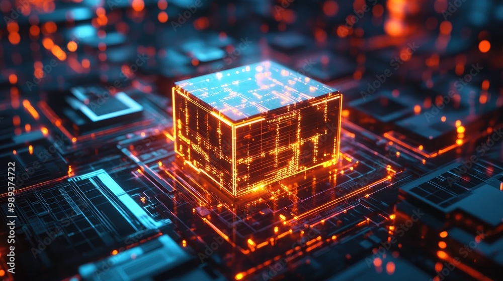 Fototapete a 3d rendering of a quantum computer with glowing quantum bits, representing cutting-edge computing 
