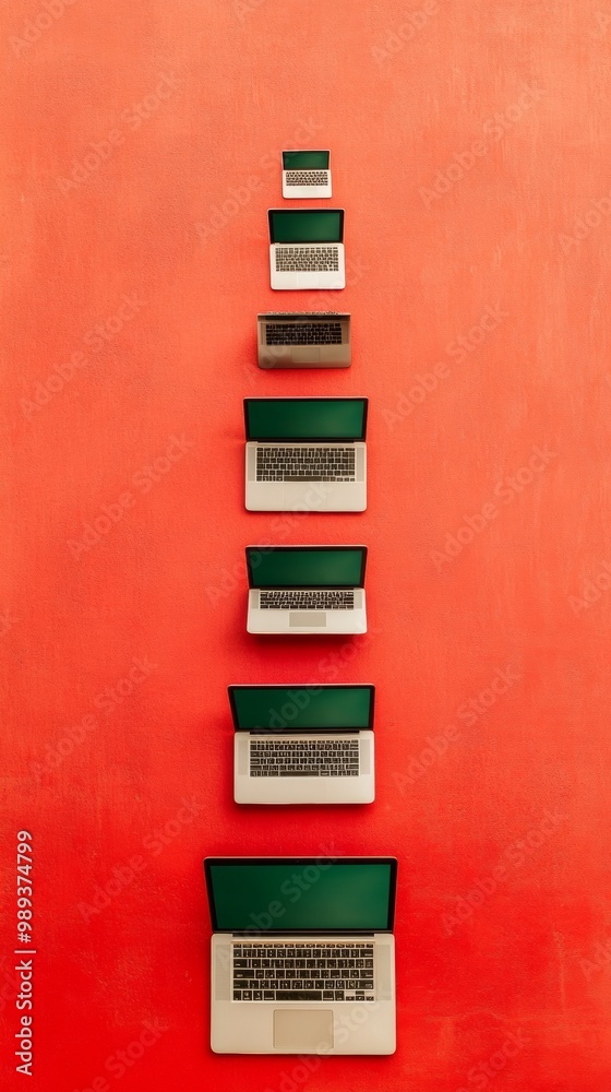 Poster minimalist graph of laptops forming christmas tree on bright red background festive tech holiday con