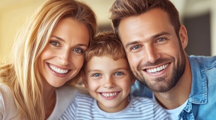 A happy family portrait featuring a smiling mom, dad, and their cheerful child at home, showcasing love and togetherness.