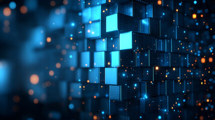 Obraz premium A vibrant display of blue and orange glowing cubes creates a dynamic visual effect in a digital space