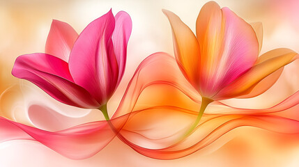 Fototapeta premium Bright and colorful tulips with flowing ribbons in a soft pastel background during springtime