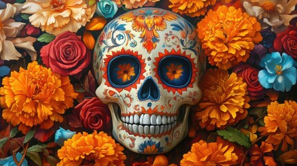 Colorful sugar skull adorned with vibrant flowers, celebrating life's beauty and cultural heritage.