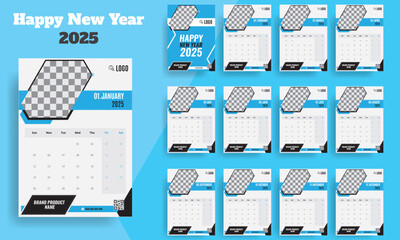 Wall Calendar 2025 Design, creative minimal business monthly. Desk, wall calendar for print, digital calendar or planner. Week start on Monday. Simple modern annual calendar layout design element. ads