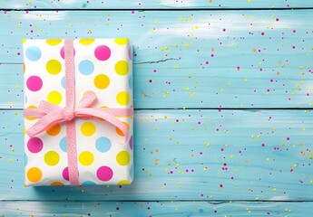 Colorful Polka Dot Gift Box On Blue Wooden Background