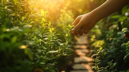 Fototapeta premium Harvesting Fresh Herbs in Lush Garden Paradise with Serene Path - Commercial Ultra High Quality Photo