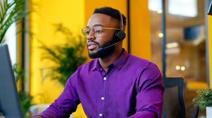 African-American Man in a Bold Purple Shirt Sitting at a Sleek Desk with a Headset, Actively Engaged in a Call Against a Background of Vivid Yellow Decor. customer care