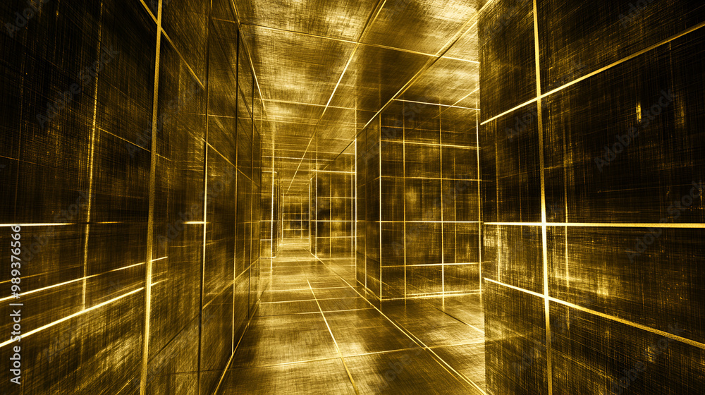 Canvas Prints a futuristic corridor with golden walls reflecting light in a surreal environment during an artistic