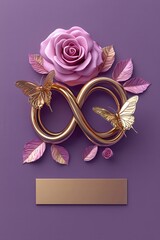 Image of 3D rendering of an elegant gold infinity symbol adorned with butterflies and a blooming rose on a purple background printed on Printed Glass Splashbacks
