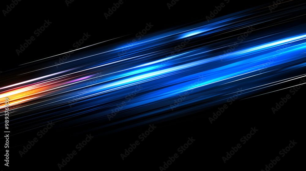 Poster dynamic blue and orange light streaks on a black background create a sense of motion and energy in a
