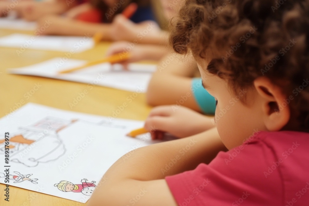 Aufkleber children engaging in coloring activity during classroom lesson - focus on close-up drawing with penc