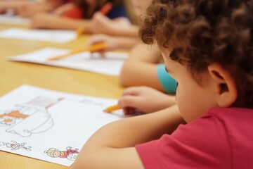 Children Engaging in Coloring Activity During Classroom Lesson - Focus on Close-Up Drawing with Pencil