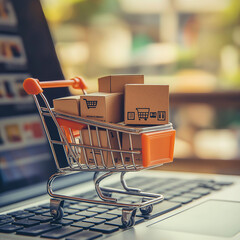 Online shopping e-business, shopping cart placed on a laptop displaying a website 
