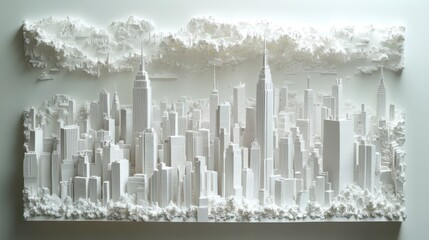 Detailed white paper cityscape with high-rise buildings and trees, representing an urban skyline. perfect for modern wall art, decor, and creative design projects.