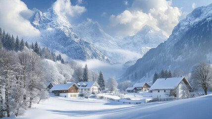 Highly detailed, amazing winter landscape, peaceful alpine valley with impressive snowy mountains, typical austrian or Swiss village. Snowy landscape, beautiful winter sport destination. Winter vacati