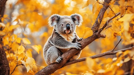 Fototapeta premium A cute koala sitting on a tree branch surrounded by yellow leaves in an autumn park, gazing curiously at the camera.