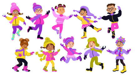 Cute cartoon children in bright winter clothes. Set of happy kids isolated on white background. Bundle of diverse multi ethnic boys and girls. Hand-drawn Colorful vector flat illustration.