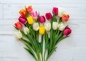 Colorful Tulip Heart Arrangement on White Wood