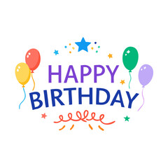 Happy Birthday greeting with colorful balloons and stars in flat design style