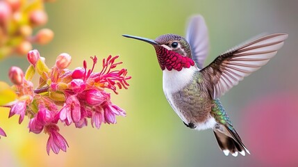 Naklejka premium Hummingbird in Flight Near Pink Flowers