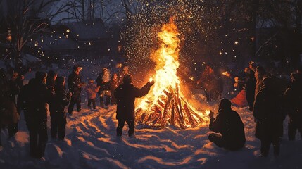 Gathering around a warm bonfire while snow falls in a festive celebration during a winter night