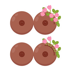 A pair of dark-skinned female breasts with pink flowers in honor of Breast Cancer Awareness Month