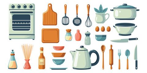 Collection of kitchen utensils and appliances including a stove, kettle, saucepan, and various bowls and spoons. Vector clip art on white background