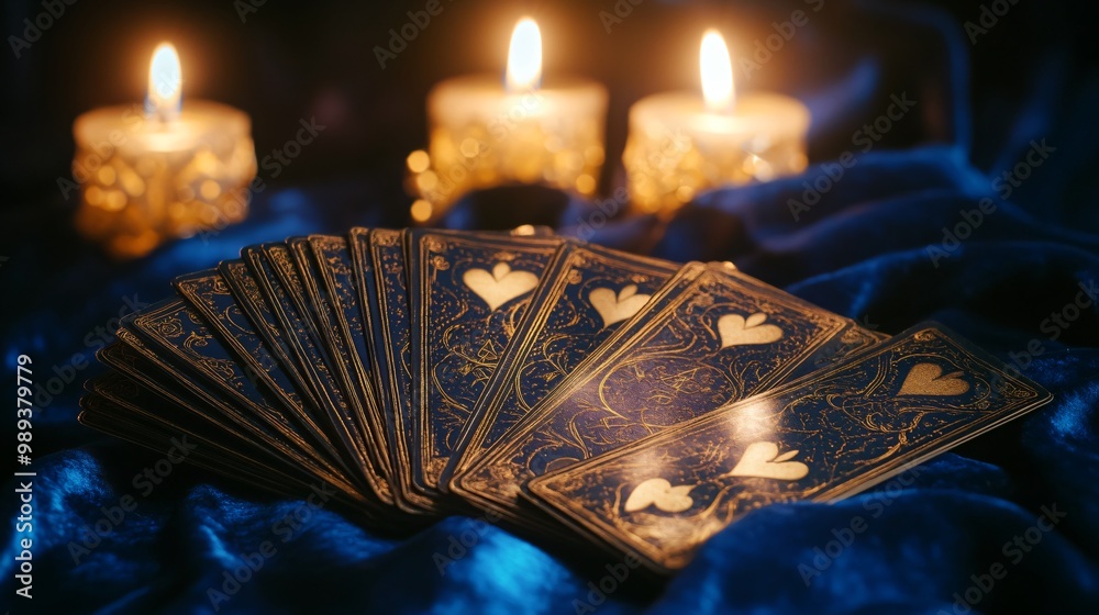 Wall mural a deck of tarot cards fanned out, set against a deep blue velvet cloth with candles in the backgroun