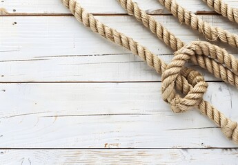 Fototapeta premium Nautical Rope on White Wooden Background with Copy Space