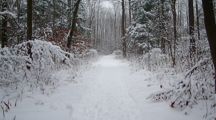 Snow-covered forest path winding through trees in a tranquil winter landscape during morning light