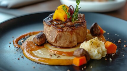 close up fine dining luxurious dish of well done steak garnished with sauce and rosemary twig