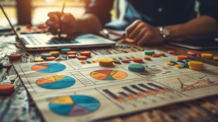 Naklejka premium Analyzing marketing strategies with colorful charts and data on a wooden desk in a sunny workspace