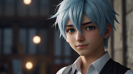 A charming young man with light blue hair and a playful smile. He’s a skilled con artist but has a heart of gold and often helps those GENERAVTIE AI