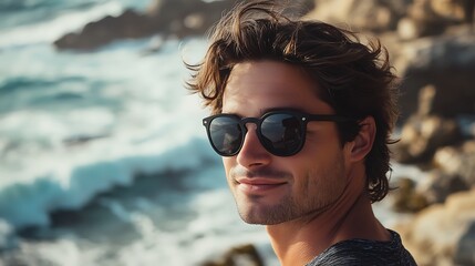 Serene Moment on Rocky Shoreline - Cheerful Man in Black Sunglasses Enjoying the Sun and Waves with Messy Brown Hair, Photorealistic Canon EOS R5