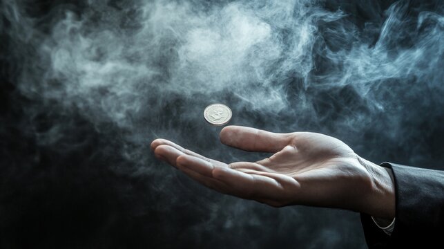 A magician&rsquo;s hand performing the coin trick, frozen mid-motion, set against a smoky, moody background for a sense of illusion
