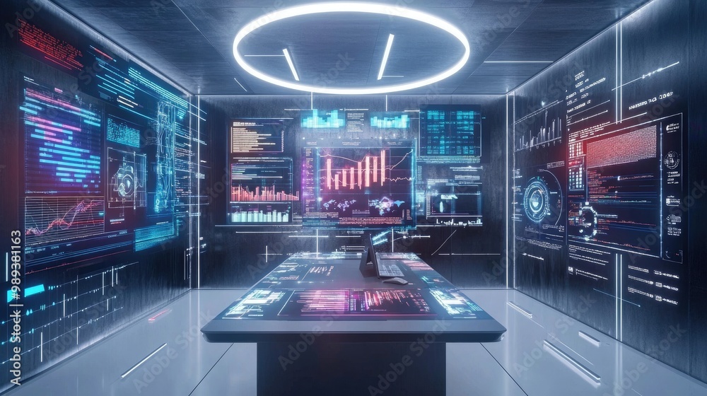 Poster a futuristic workspace with multiple screens and data visuals, representing the digital transformati