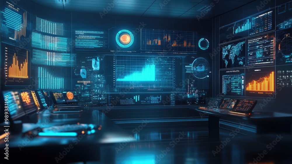 Poster a futuristic workspace with multiple screens and data visuals, representing the digital transformati