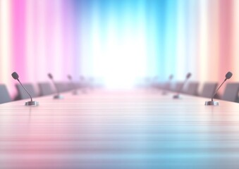 Modern Debate Stage with Microphones in Community Center – Vibrant Colored Lighting and Long Table Set for Discussion