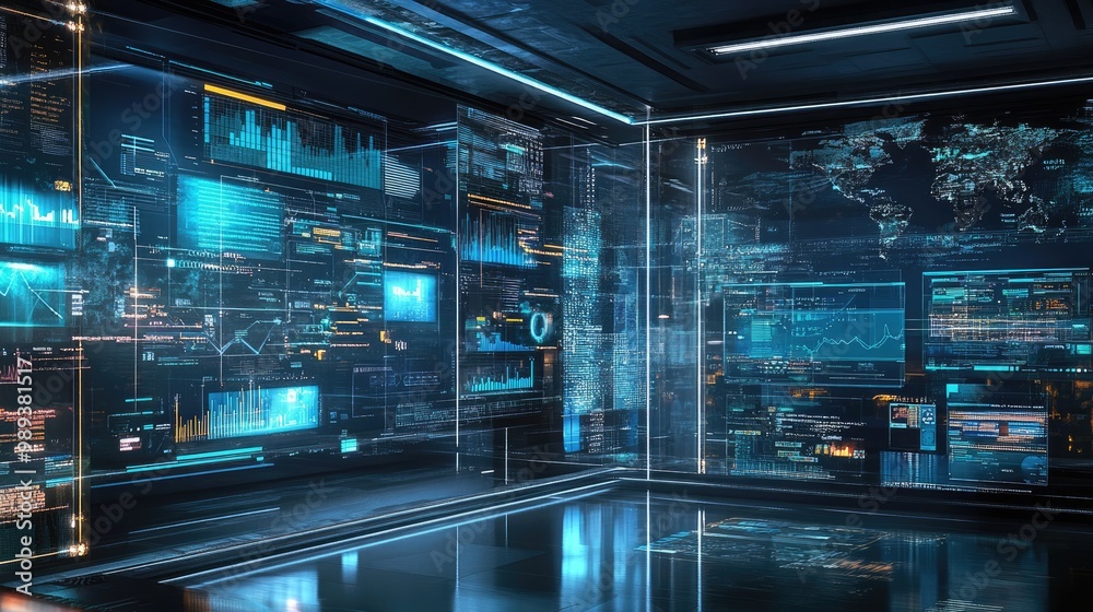 Poster a futuristic workspace with multiple screens and data visuals, representing the digital transformati